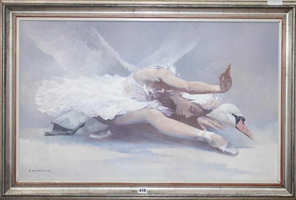 Tony Butler (South African, 1959-), oil on canvas, Ballerina with swan, signed, 53 x 87cm